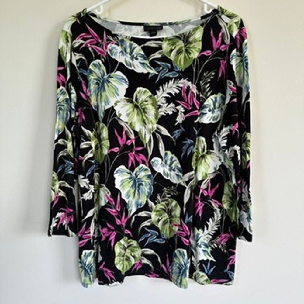 J. Jill Wearever Boat Neck Top 3/4 Sleeve Floral Tropical Leaf Print Black LARGE